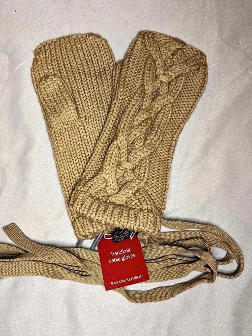 Banana Republic Hand Knit Cable Glove Wool Mittens Tan NWT